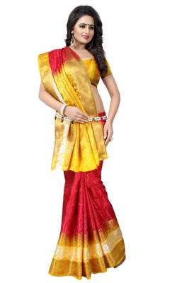 Red woven art silk saree with blouse 4
