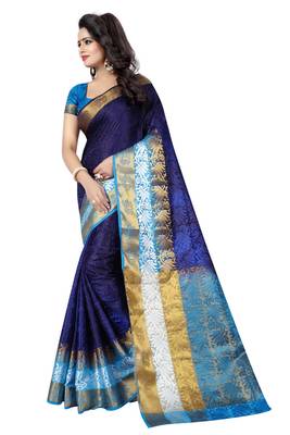 Blue hand woven cotton silk saree with blouse 2