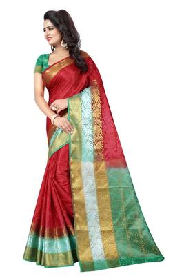 Red hand woven cotton silk saree with blouse 2