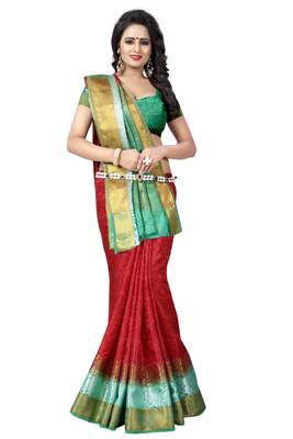 Red hand woven cotton silk saree with blouse 4