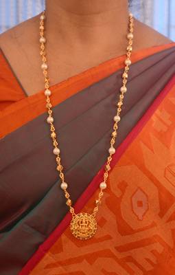 Laxmi pendant Swarovski pearl necklace LONG one gram gold 1
