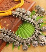 Unique Oxidised Silver Durga Yellow Necklace Set With Nose Ring