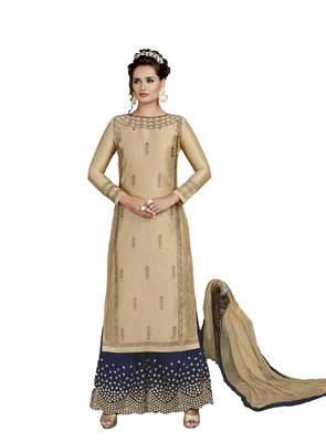 Beige embroidered art silk semi stitched salwar with dupatta 1