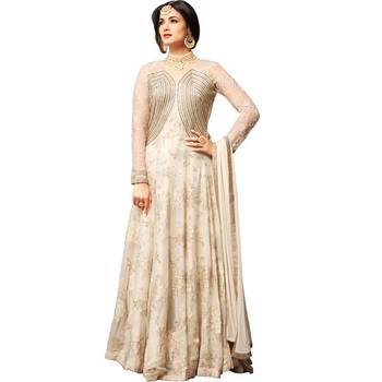 Off White Hand Woven Georgette Anarkali Suit 1