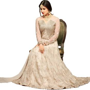 Off White Hand Woven Georgette Anarkali Suit 3