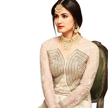 Off White Hand Woven Georgette Anarkali Suit 4