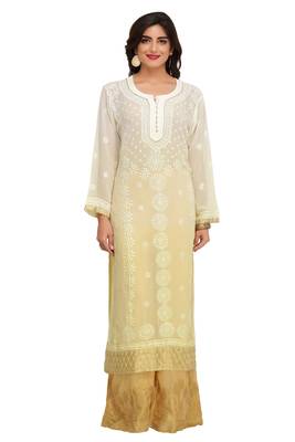 Lemon Embroidered Georgette Chikankari Kurti  1