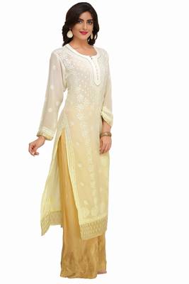 Lemon Embroidered Georgette Chikankari Kurti  3