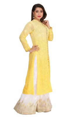 Yellow Embroidered Georgette Chikankari Kurti 3