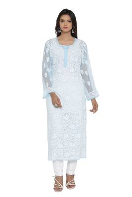 Blue Embroidered Georgette Chikankari Kurti 1