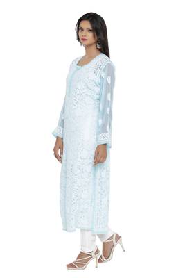 Blue Embroidered Georgette Chikankari Kurti 3