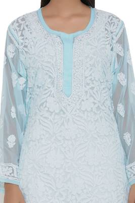 Blue Embroidered Georgette Chikankari Kurti 4