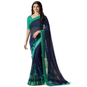 Blue printed georgette saree with blouse 1