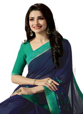 Blue printed georgette saree with blouse 4