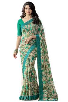 Cream printed georgette saree with blouse