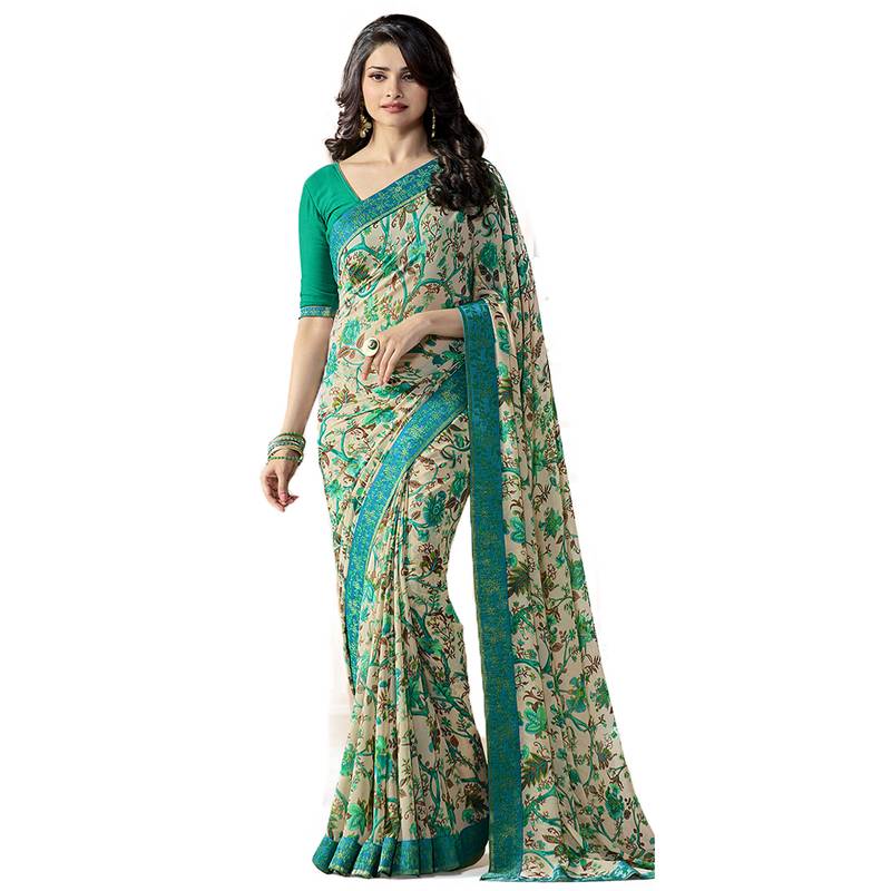 Cream printed georgette saree with blouse