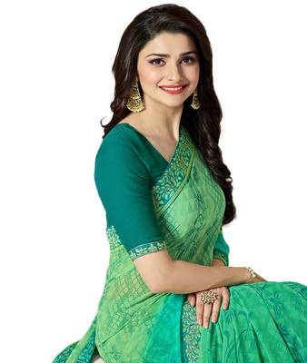 Green printed georgette saree with blouse 2
