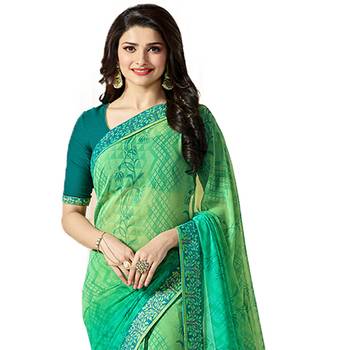 Green printed georgette saree with blouse 4