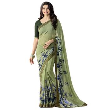 Green printed georgette saree with blouse 1