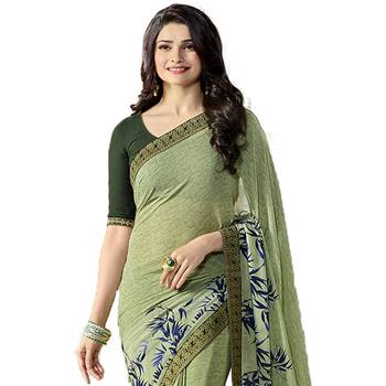 Green printed georgette saree with blouse 3
