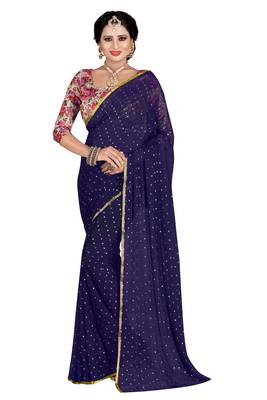 Navy blue plain nazneen saree with blouse 1
