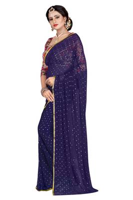 Navy blue plain nazneen saree with blouse 2
