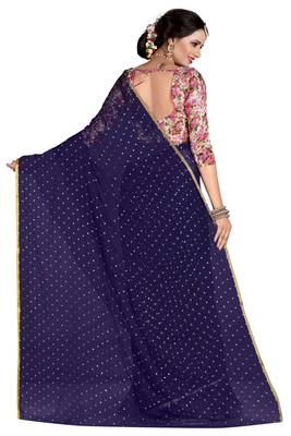 Navy blue plain nazneen saree with blouse 3