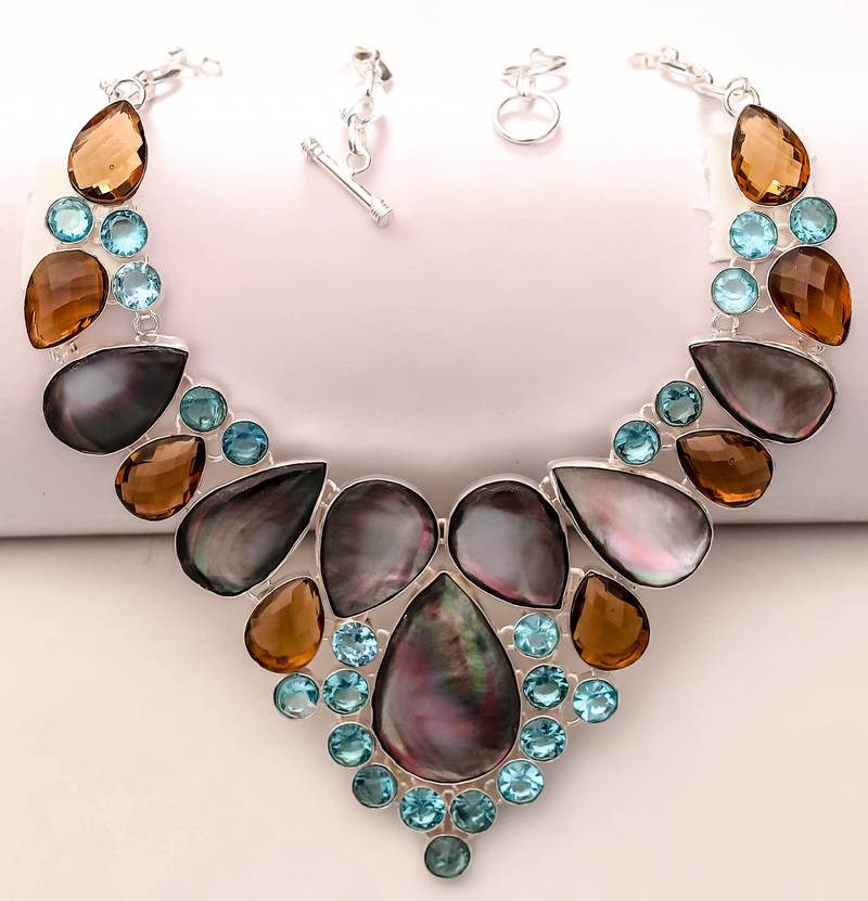Rainbow mother of pearl gemstone handmade jewelry necklace 16-18"