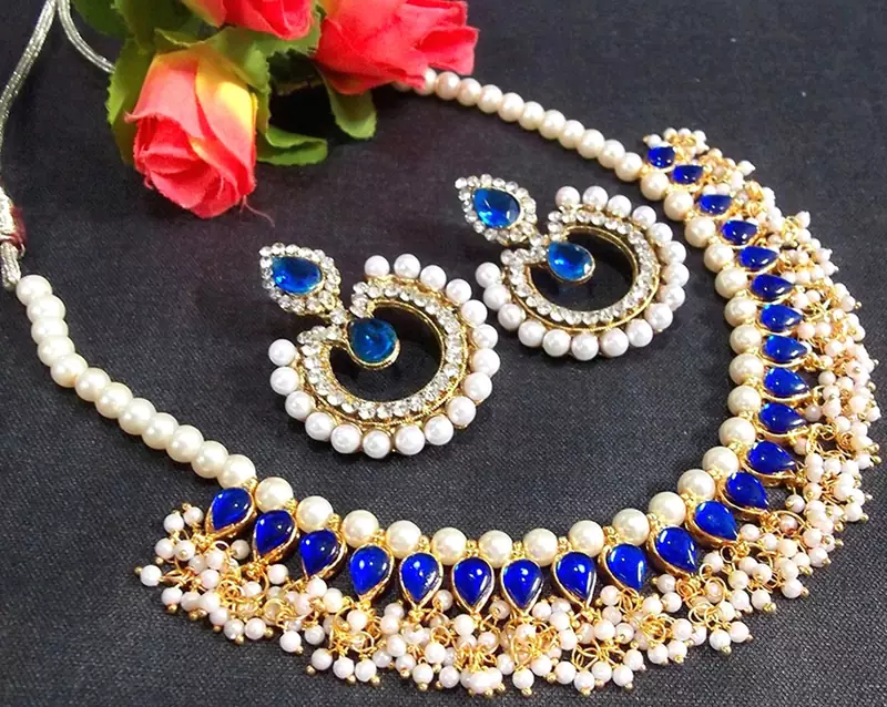 Blue Kundan Dulhan Pearl Polki Necklace Set