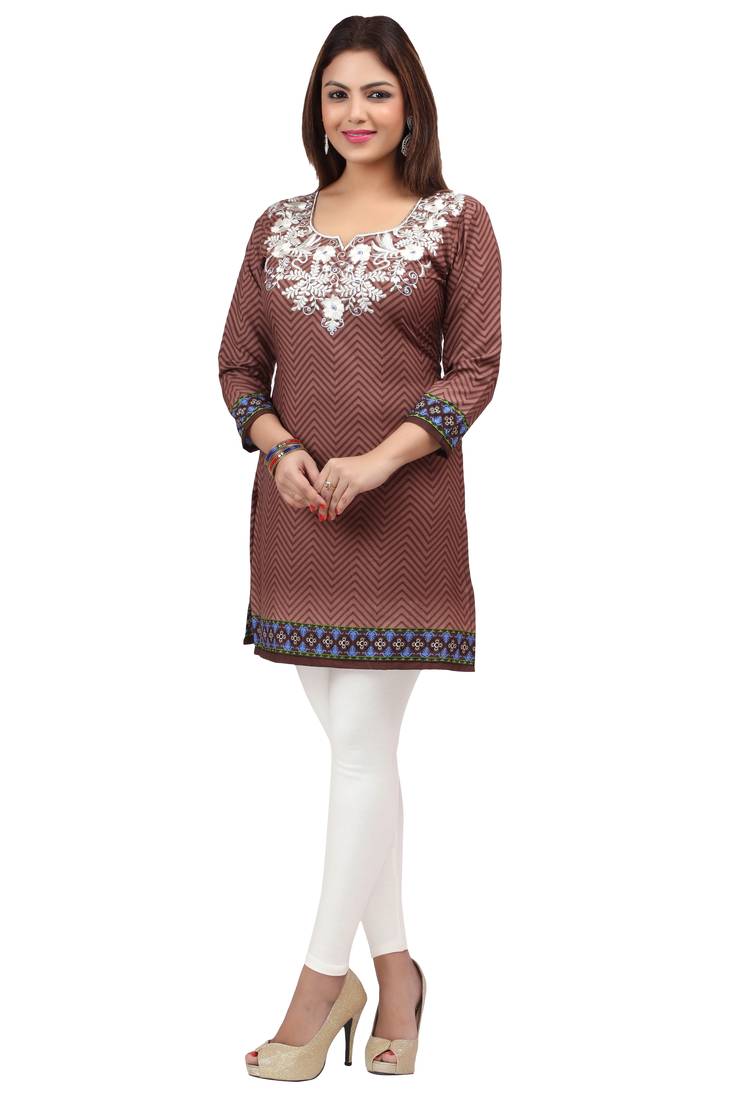 light brown resham embroidery crepe  kurti