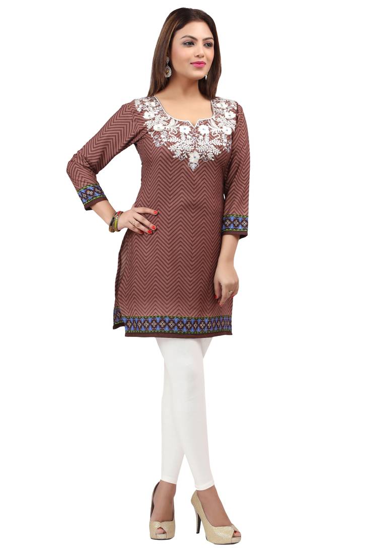 light brown resham embroidery crepe  kurti