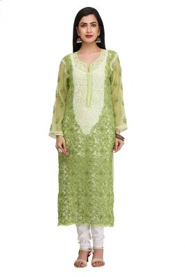 Green Embroidered Georgette Chikankari Kurti 1
