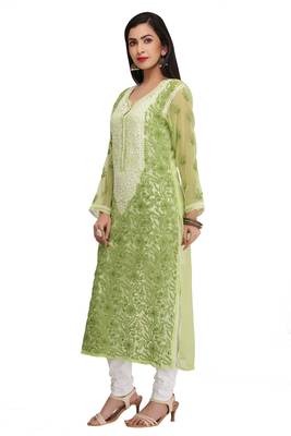 Green Embroidered Georgette Chikankari Kurti 3