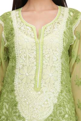 Green Embroidered Georgette Chikankari Kurti 4