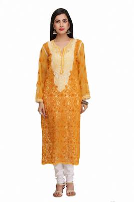 Mustard Embroidered Georgette Chikankari Kurti 1