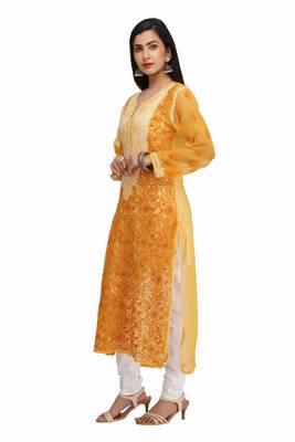 Mustard Embroidered Georgette Chikankari Kurti 3