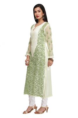 Green Embroidered Georgette Chikankari Kurti 3