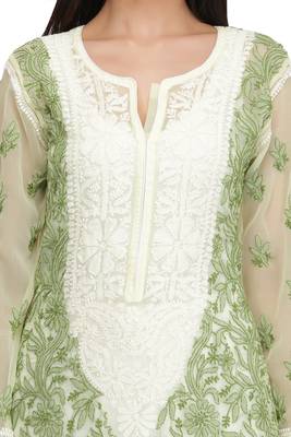 Green Embroidered Georgette Chikankari Kurti 4
