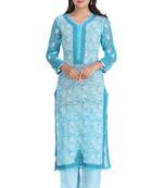 Ada Hand Embroidered Blue Georgette Lucknowi Chikankari Indian Women Kurta With Slip - A225706