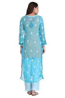 Ada Hand Embroidered Blue Georgette Lucknowi Chikankari Indian Women Kurta With Slip - A225706 2