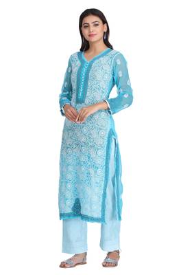 Ada Hand Embroidered Blue Georgette Lucknowi Chikankari Indian Women Kurta With Slip - A225706 3