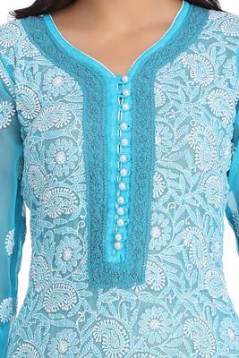 Ada Hand Embroidered Blue Georgette Lucknowi Chikankari Indian Women Kurta With Slip - A225706 4