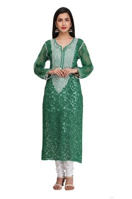 Green Embroidered Georgette Chikankari Kurti 1