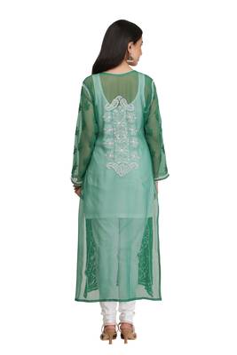 Green Embroidered Georgette Chikankari Kurti 2