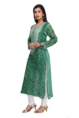 Green Embroidered Georgette Chikankari Kurti 3