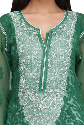 Green Embroidered Georgette Chikankari Kurti 4