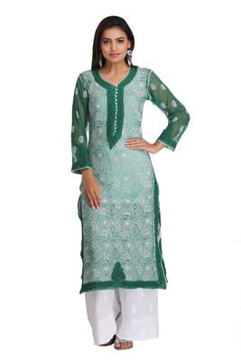 Dark Green Embroidered Georgette Chikankari Kurti 1