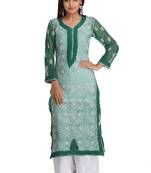 Dark Green Embroidered Georgette Chikankari Kurti