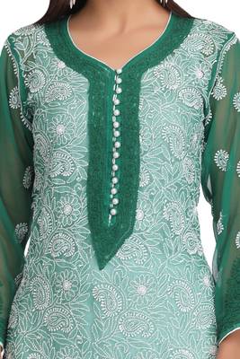 Dark Green Embroidered Georgette Chikankari Kurti 3