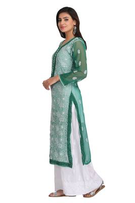 Dark Green Embroidered Georgette Chikankari Kurti 4